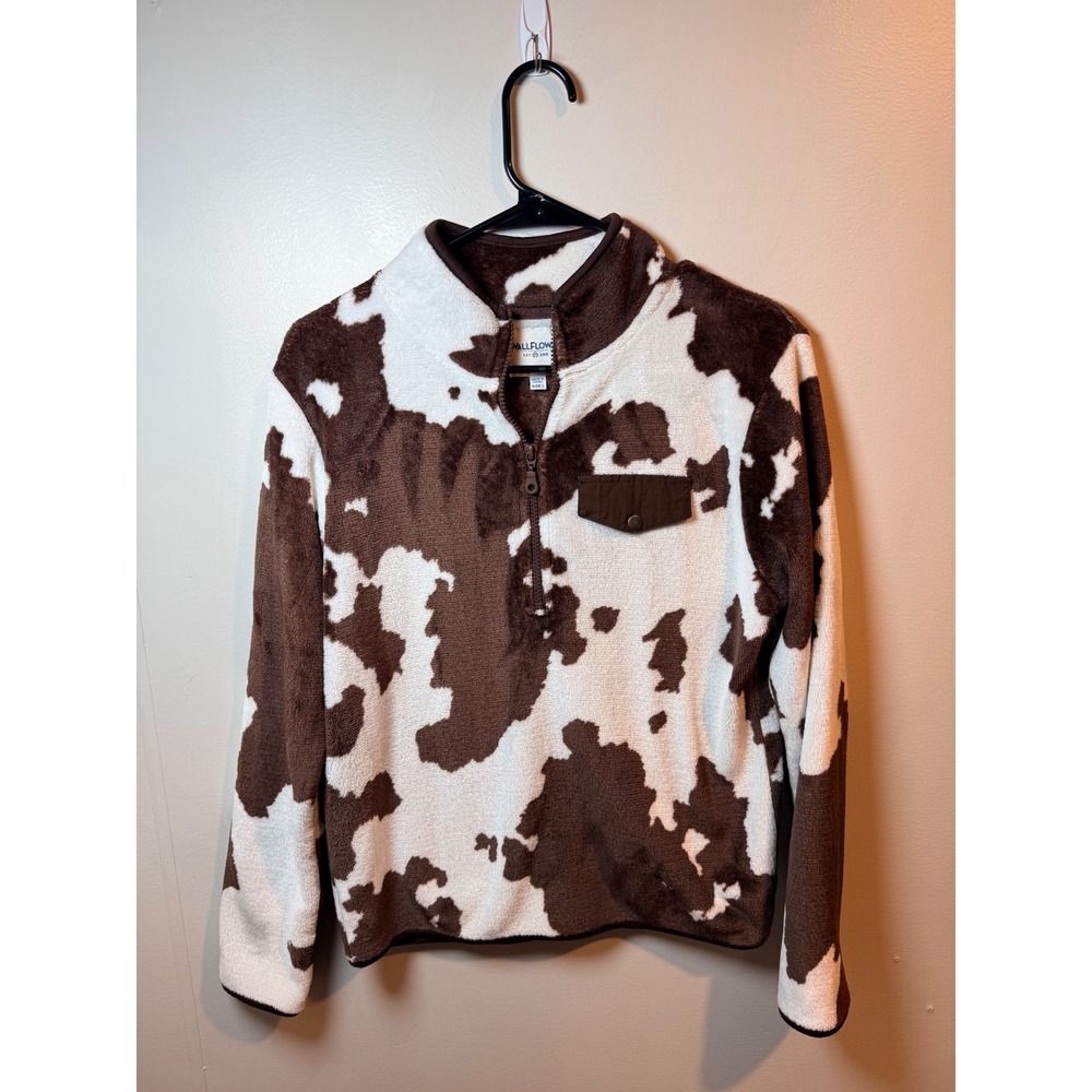 Wall Flower Cow Print 1/4 Zip Fleece Pullover‎ Top Size Large Brown White